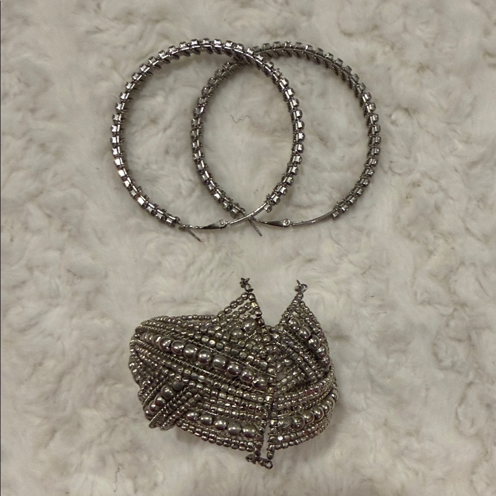 Silver Rhinestone Hoop Earrings & Beaded Cuff Bracelet Set - Picture 3 of 5